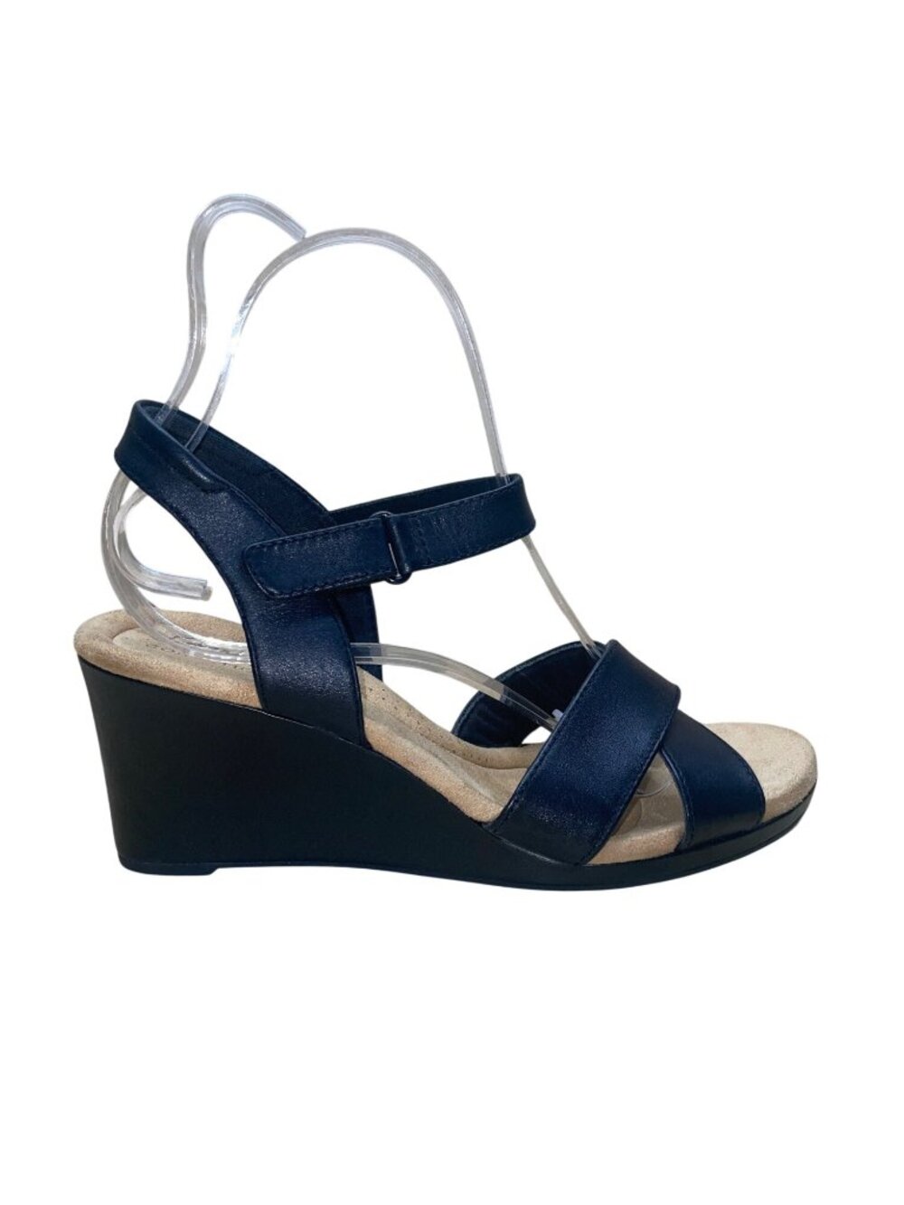Clarks Women’s Black Leather Adhesive Strap Tulip Gem Wedge Sandals Size 11M